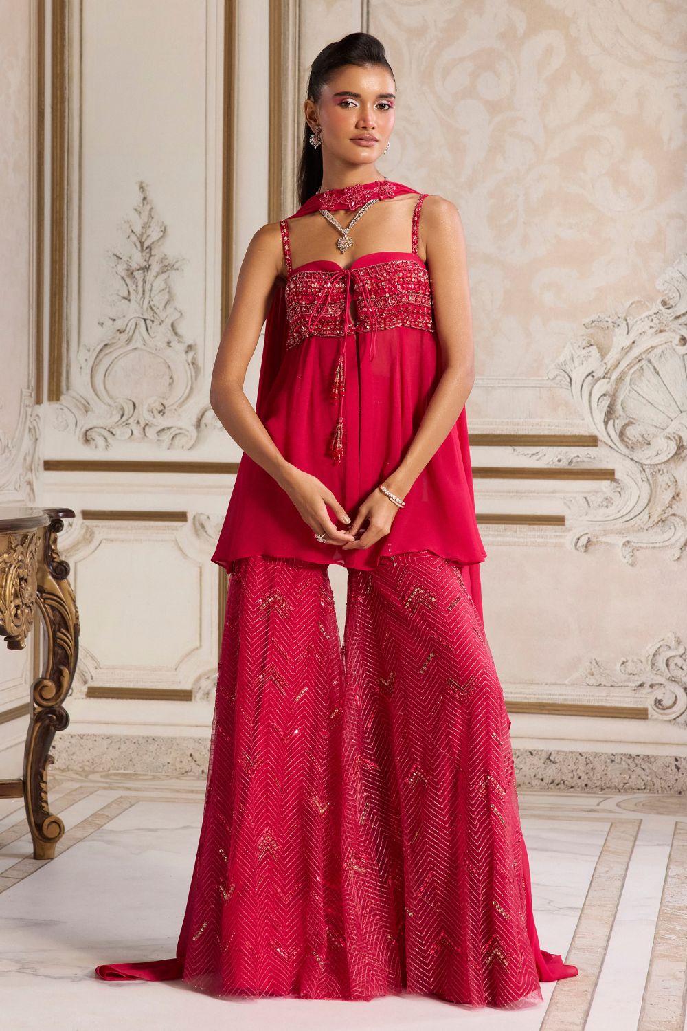 Sanya Gulati - Magenta Flowy Peplum With Sharara Set from Param Sundari
