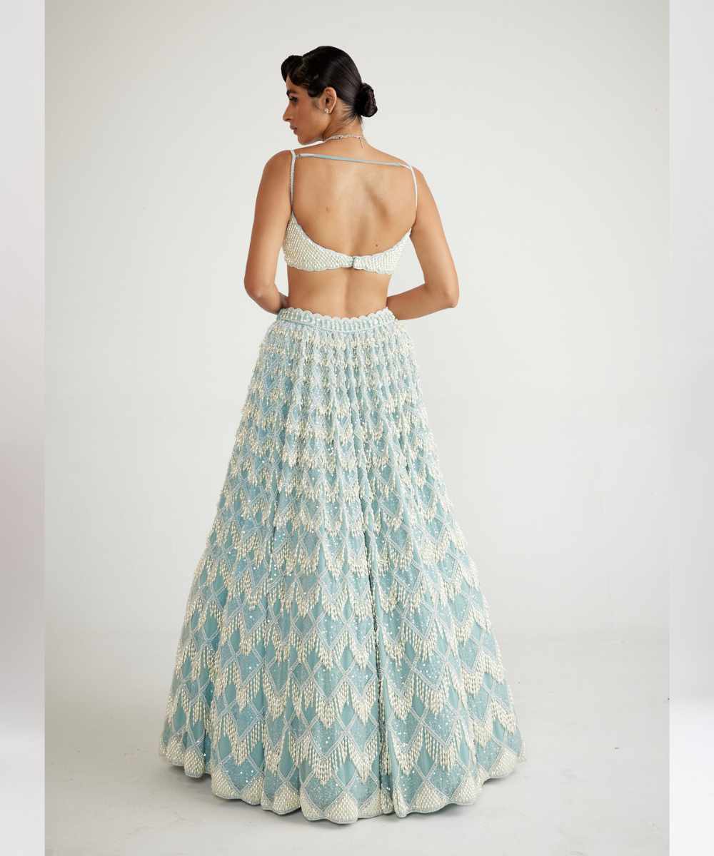 Powder Blue Chandelier Pearl Drop Lehenga Set - Collection name Piroi by Vvani vats