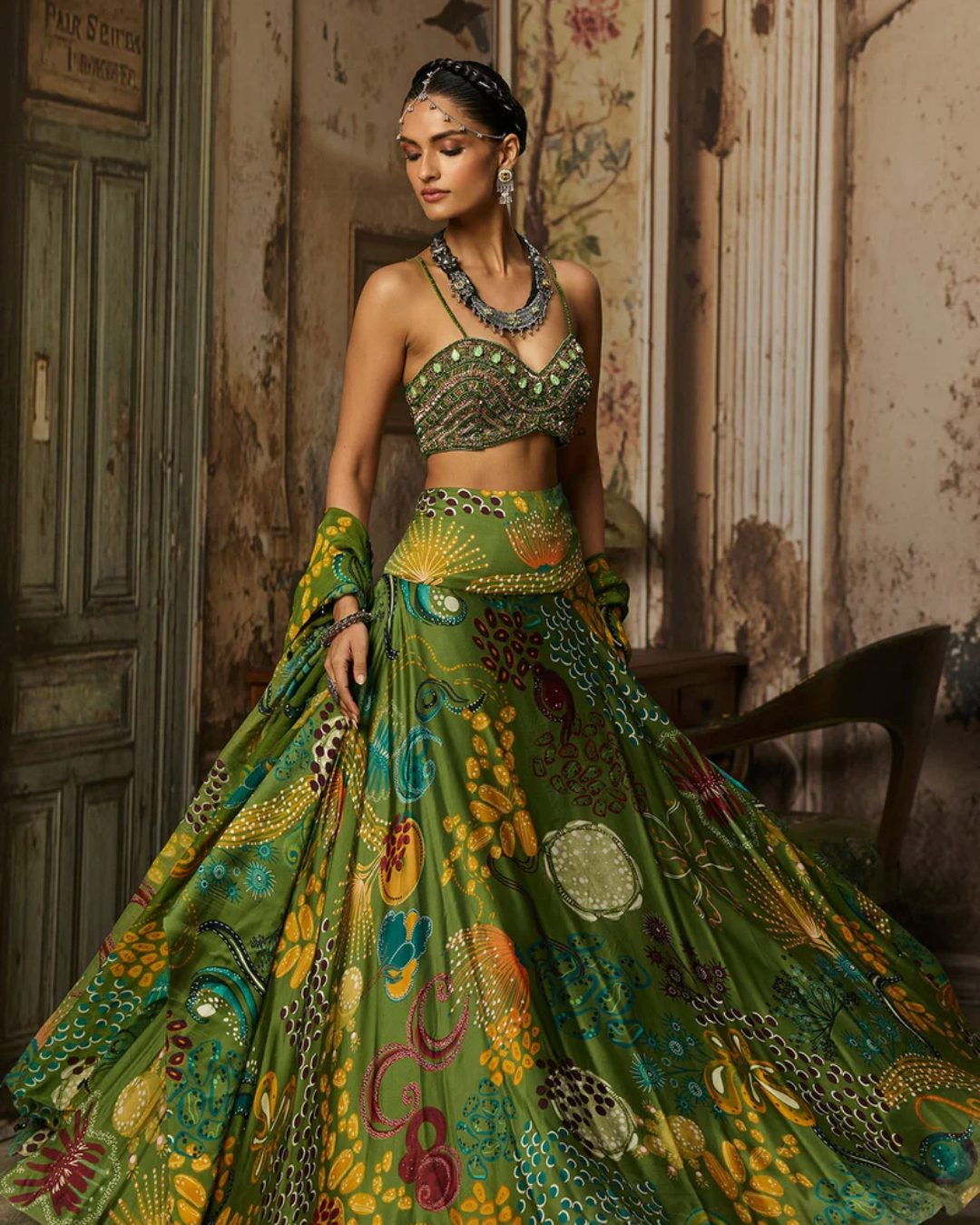 Diya Rajvvir - Pear Green Embroidered Blouse And Cowl Skirt Set from Bahaar