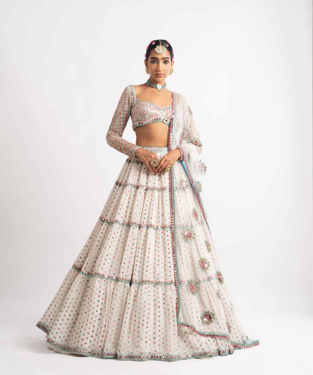 White Multi Tier Multi Color Lehenga Set - Collection name Rang by Vvani vats