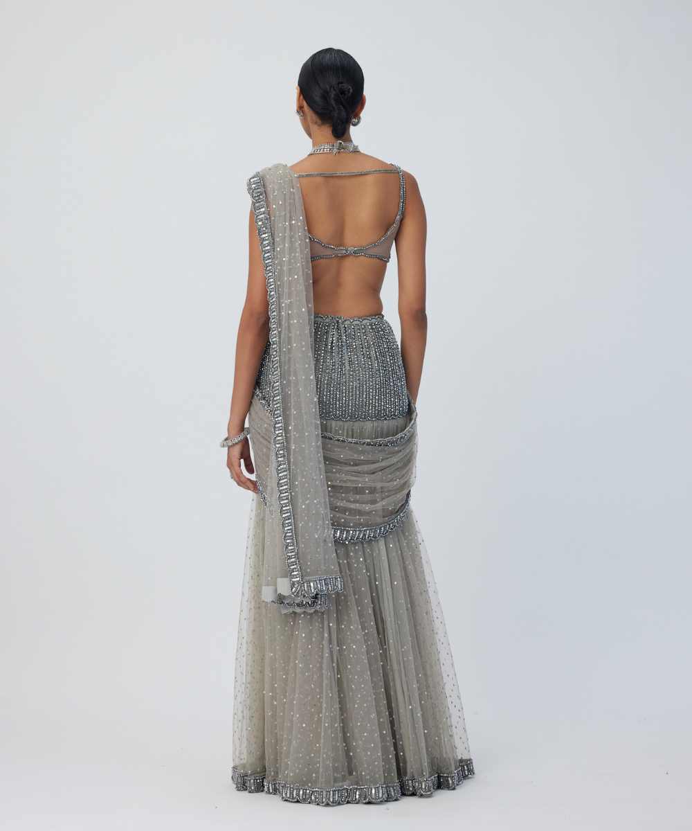 Crystal Grey Sequin Scattered Pre Draped Saree Set - Collection name Maya by Vvani Vats