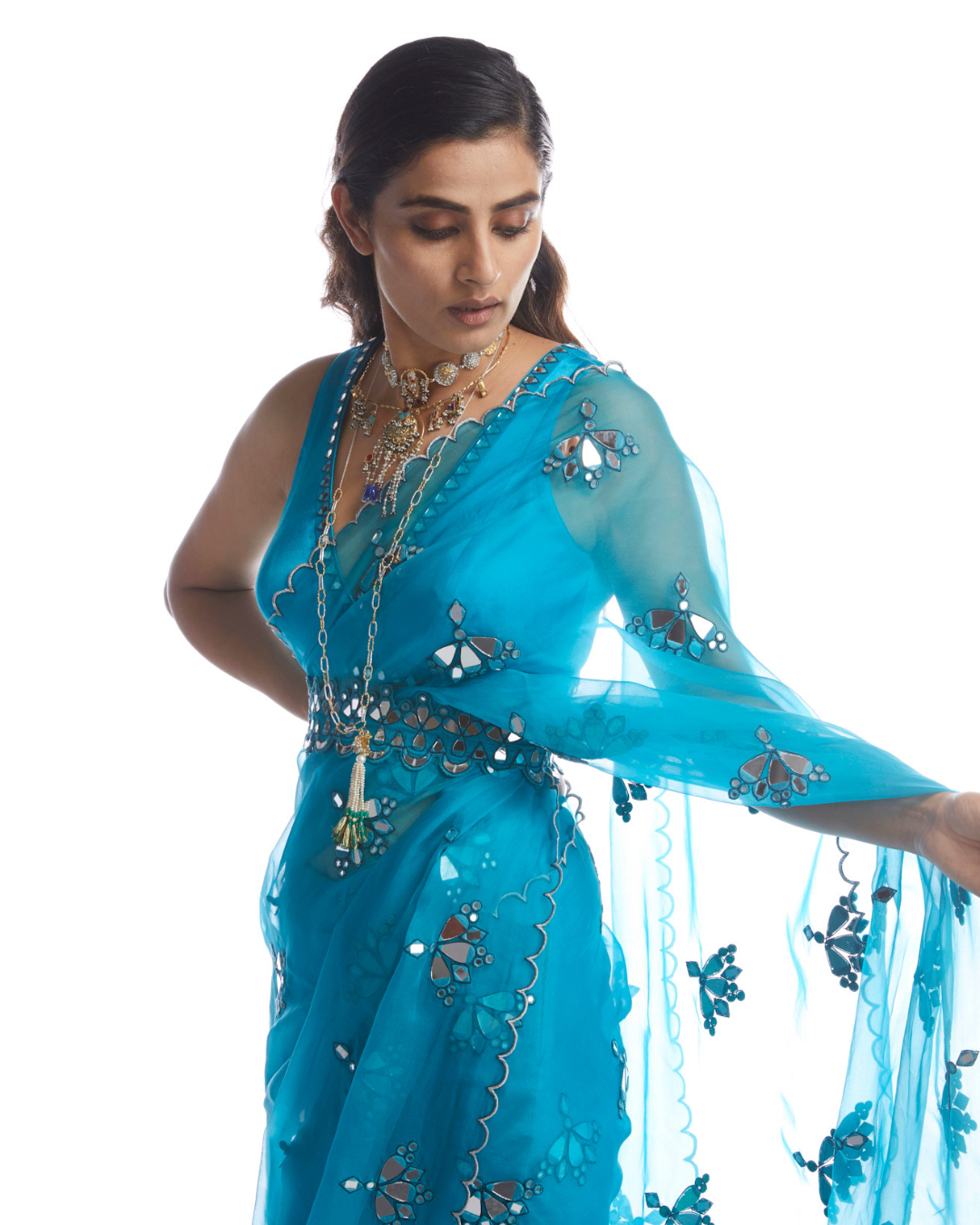 Vvani Vats -  Turqoise Blue Mirror Cut Work Saree Set from Chamak