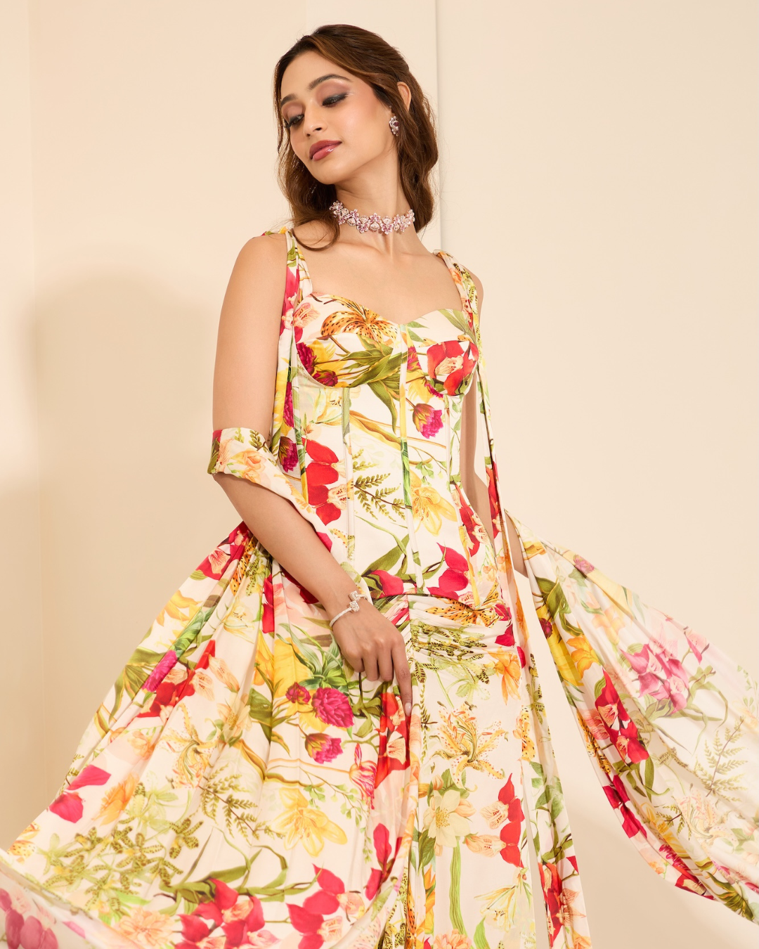 K&A by Karishma and Ashita - Ivory Blossom Corset With Skirt and Stole