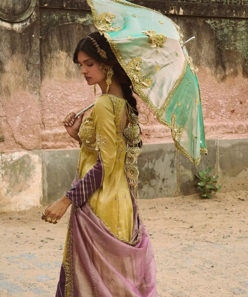 Aditi Gupta - Lemon Yellow pure zari tissue Jacket with Sharara and tissue Dupatta