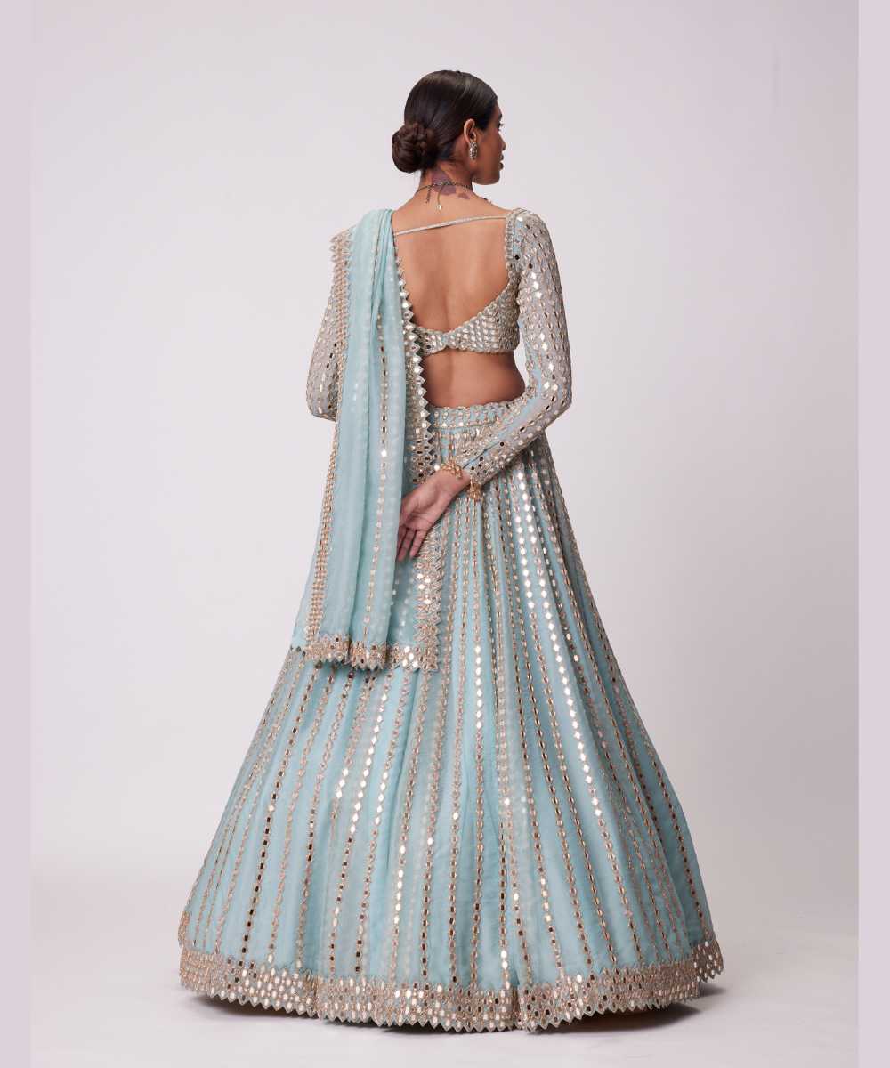 POWDER BLUE LINEAR EMBROIDERED LEHENGA SET  - Collection name Jugmug Bride by Vvani Vats