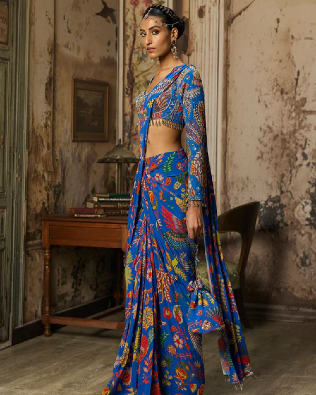 Diya Rajvvir - Electric Blue Printed And Highlighted Dhoti Saree from Bahaar