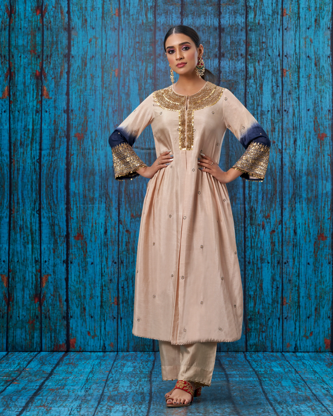 Niti Bothra - Ivory Blue Ombre Heavy Pitta Neck & Marodi Sleeves Kurta Set (Sale Piece)