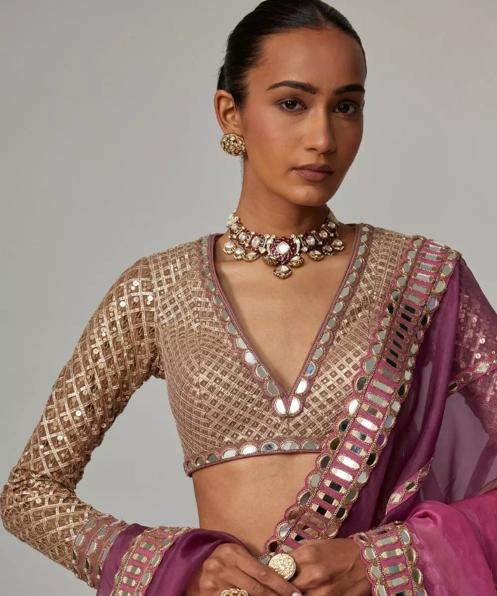 VVANI VATS - Mud mauve mauve multicolor Lehenga Set with  V Neck Blouse