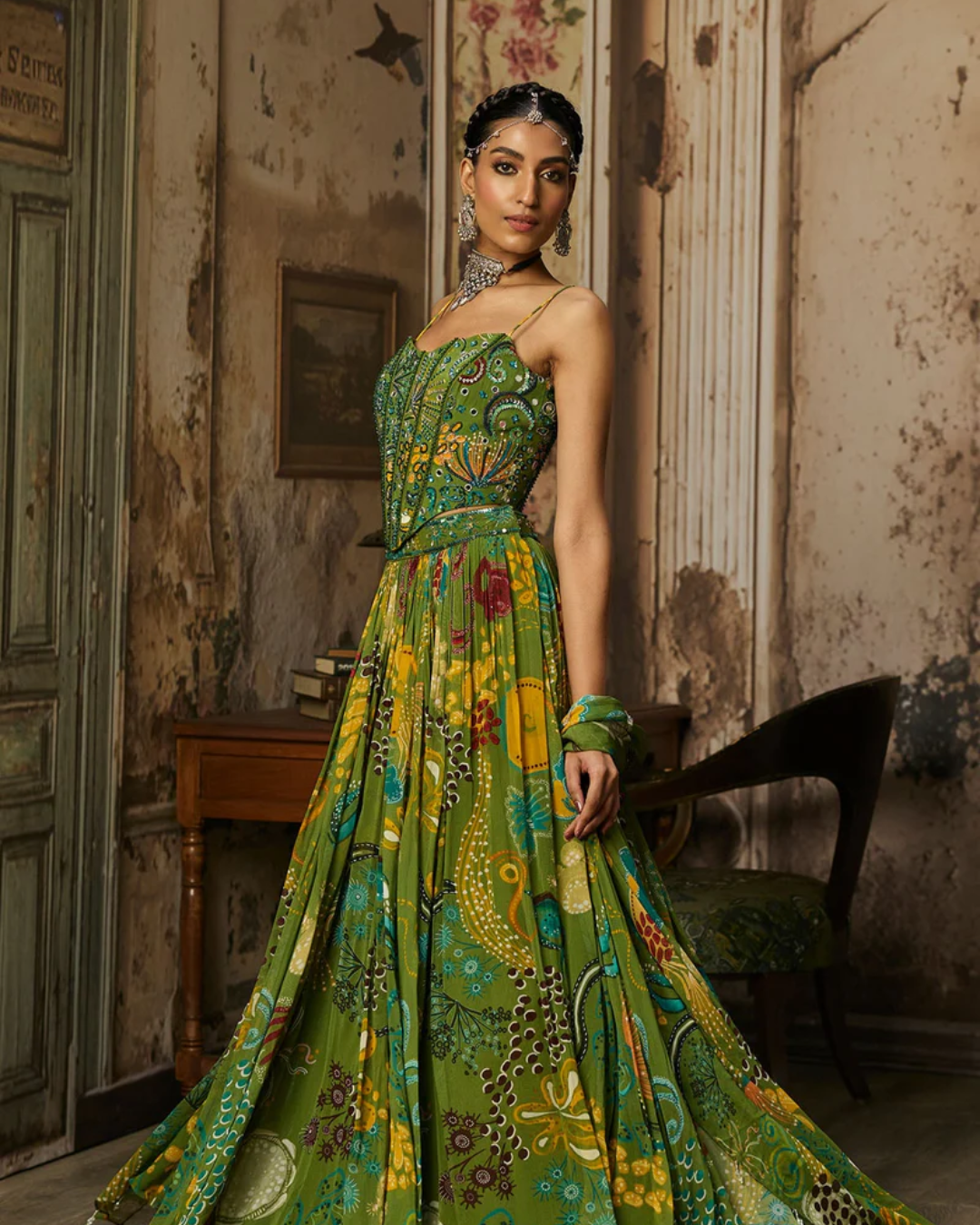 Diya Rajvvir - Pear Green Printed And Highlighted Corset Lehenga Set from Bahaar