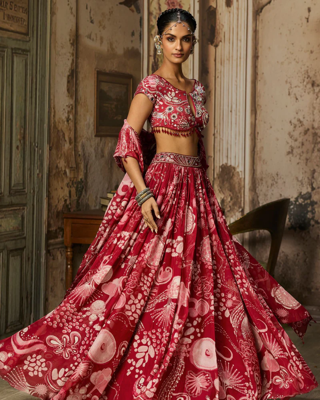Diya Rajvvir - Scarlet Red Printed And Highlighted Lehenga Set from Bahaar