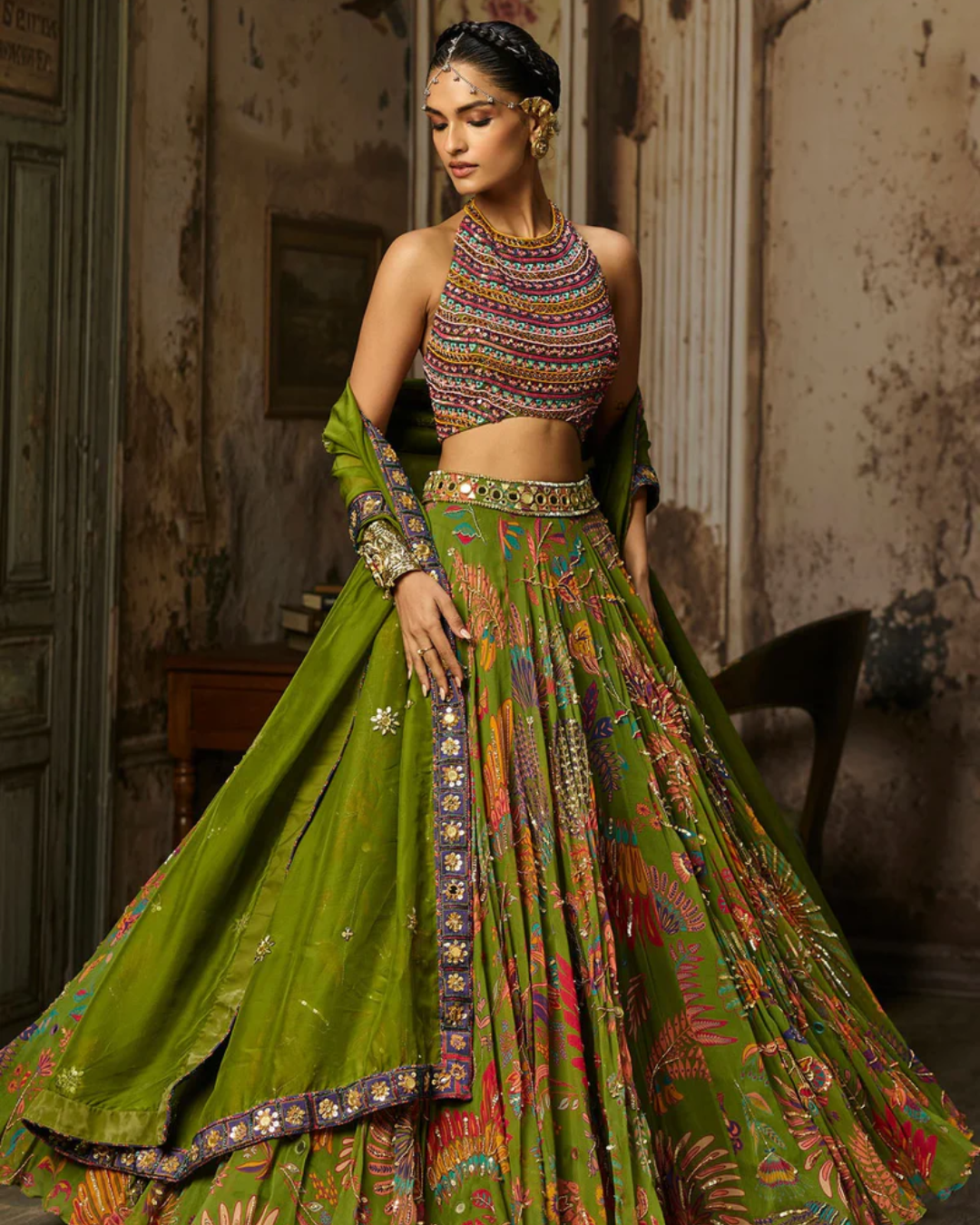 Diya Rajvvir - Colorful Embroidered Blouse With Pear Green Lehenga Set from Bahaar
