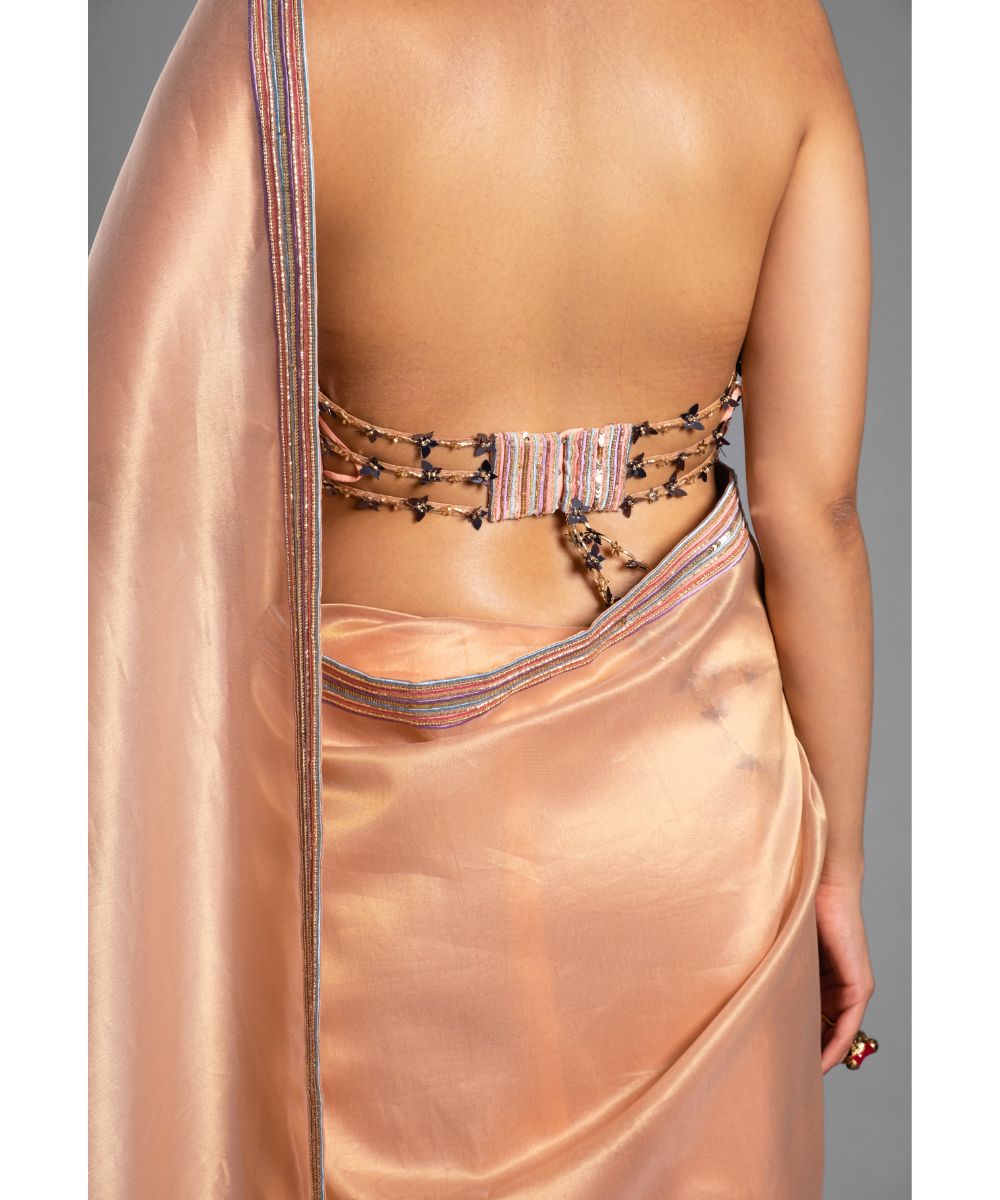 Aastha Sood - Geometric Embroidered Peach Saree