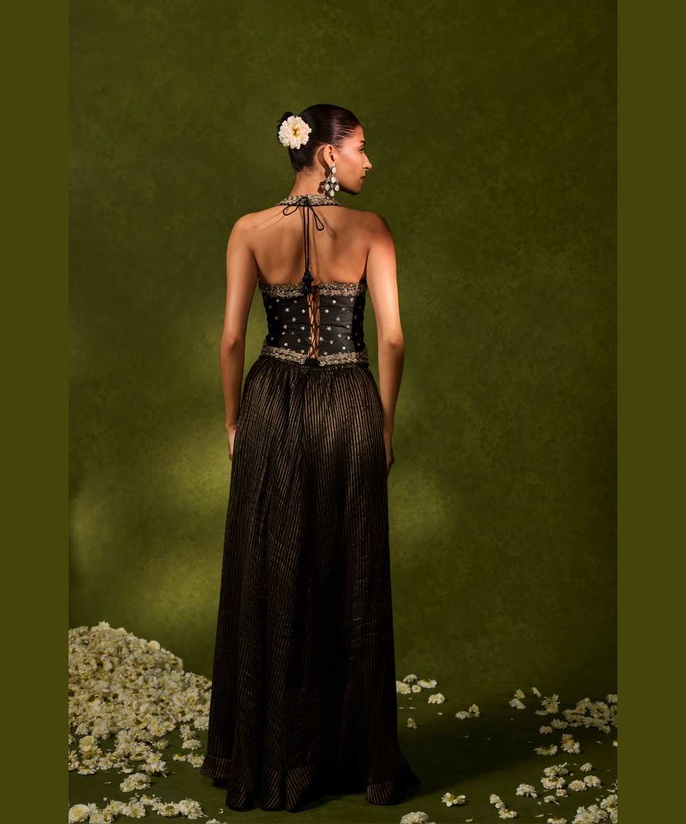 NAINA WITH FLARED PANTS - Tissue jamewar flared pants paired with a statement halter blouse - Leher by Chamee and Palak