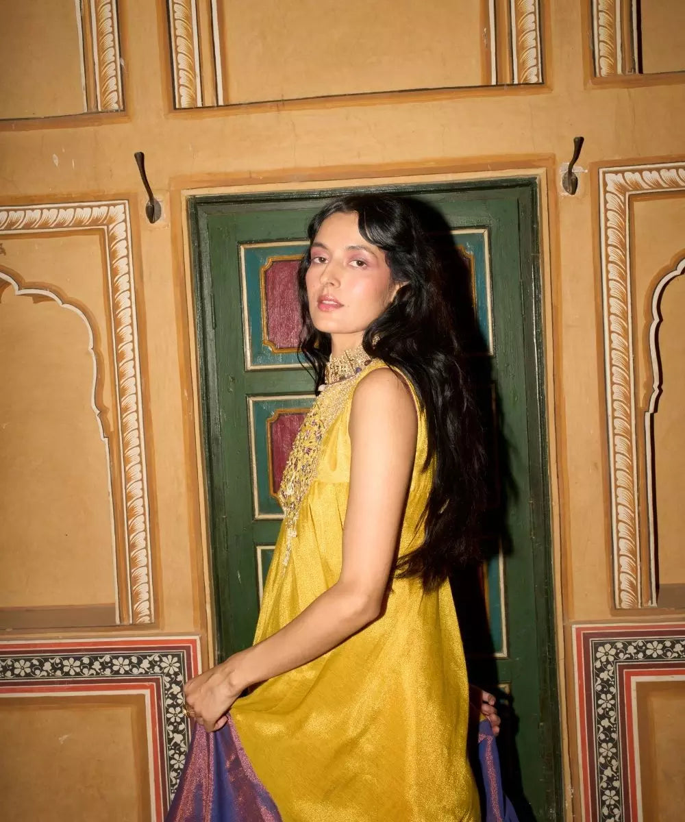 Aditi Gupta - Mustard yellow and purple Choga in cotton tissue
