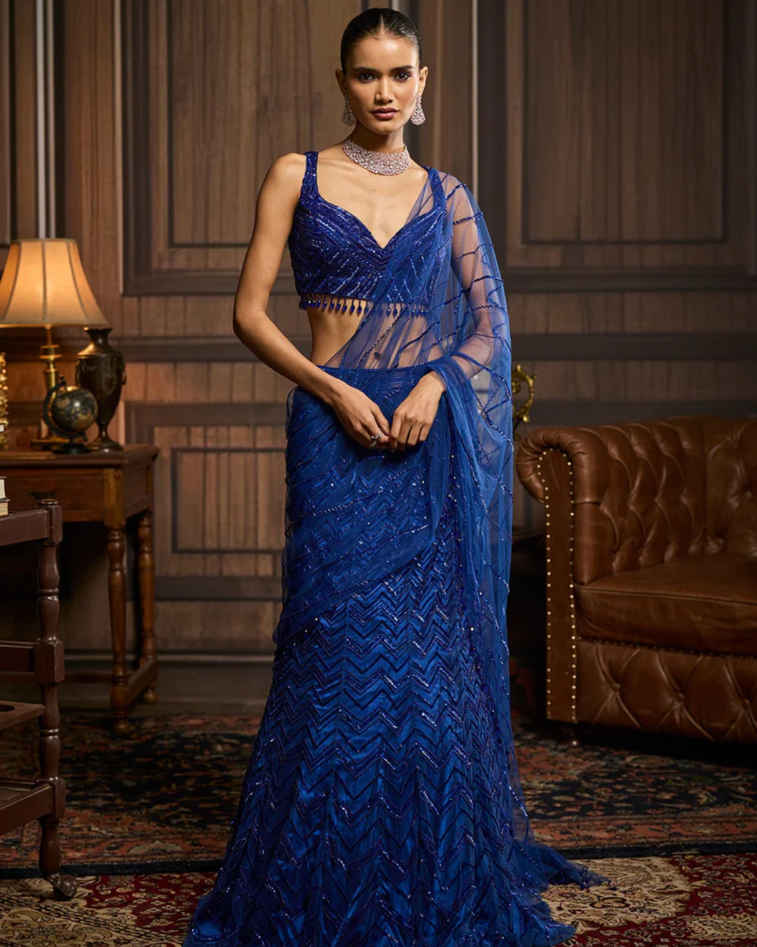 Diya Rajvvir - Electric Blue Embellished Blouse And Pre-Draped Dhoti Saree Set from Taara