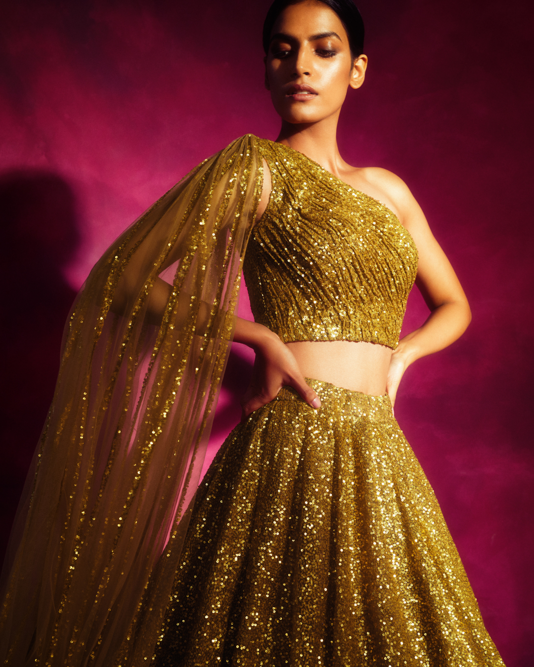 Vvani Vats - Dull Gold One Shoulder Veil Lehnga Set from Chand