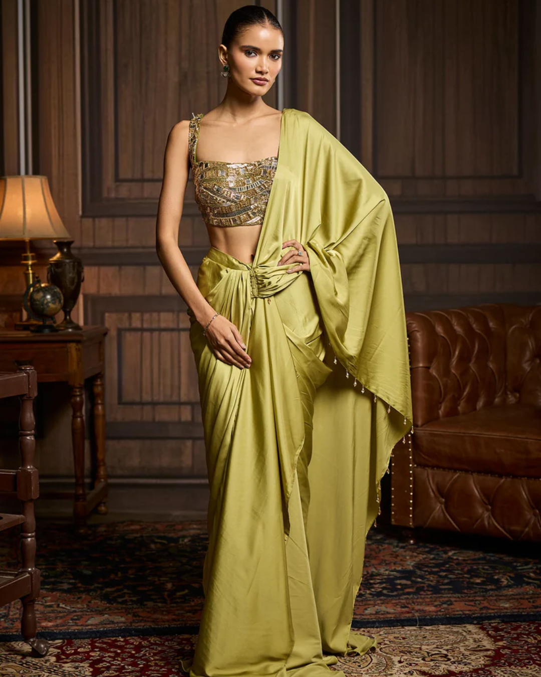 Diya Rajvvir - Pear Green Embroidered Blouse And Pre Draped Saree Set from Taara
