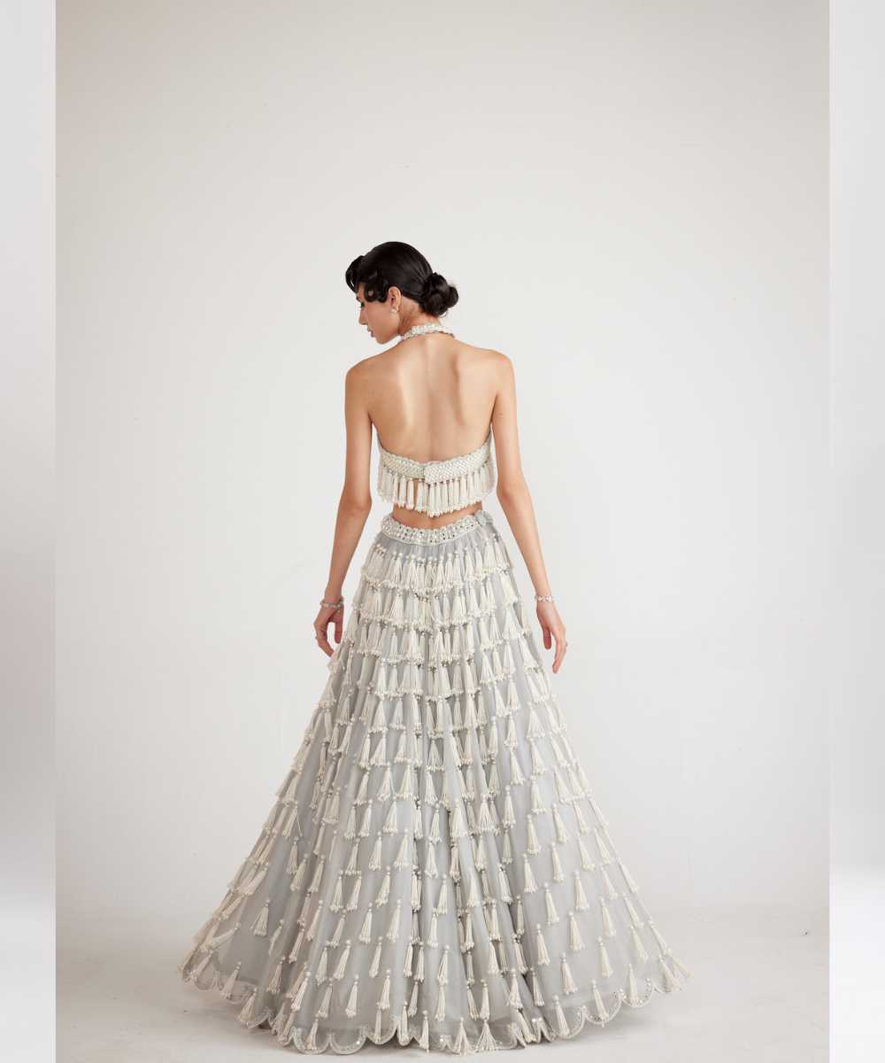 Powder Grey Chandelier Pearl Drop Crop Top Skirt Set - Collection name Piroi by Vvani vats