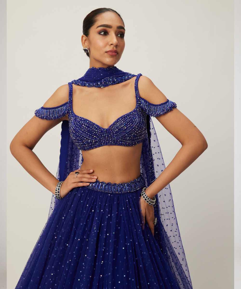 cocktail Blue Sequins Scattered Tulle Lehenga Set -  Collection name Maya by Vvani Vats