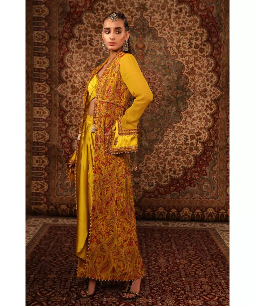 ADITI GUPTA - Mustard Blouse Draped Skirt and Jamawaar Jacket