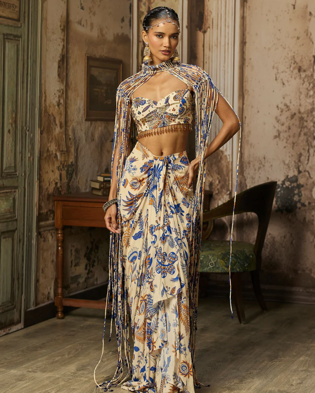 Diya Rajjvir - Ivory Printed And Highlighted Blouse With Fringe Jacket & Skirt Set from Bahaar