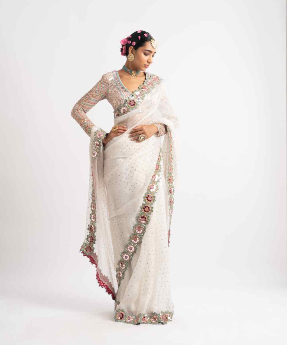 White Hand Cut Mirror Border Saree Set - Collection name Rang by Vvani vats