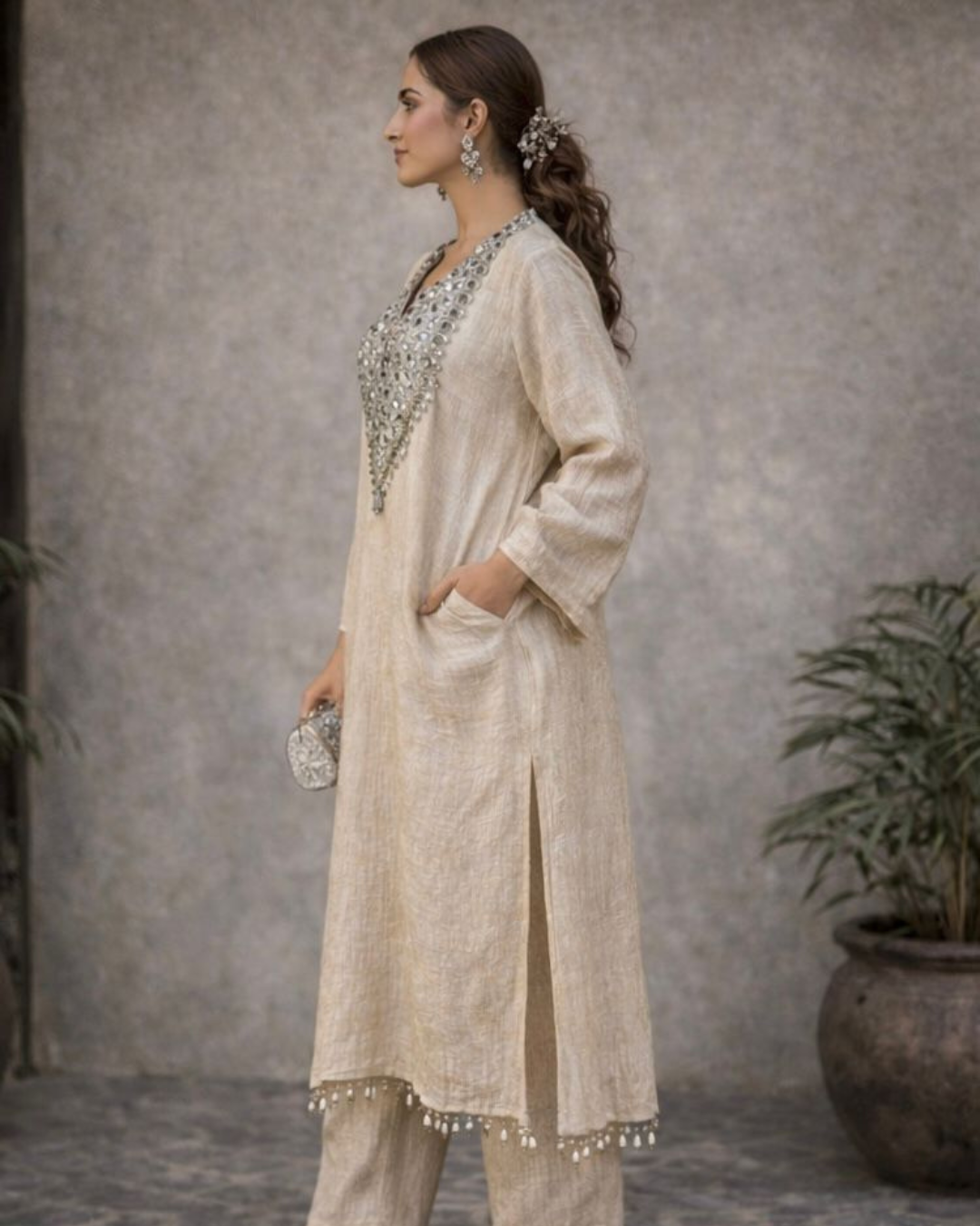 Banjara Trail - Creamlight Diamond Kaftan Set