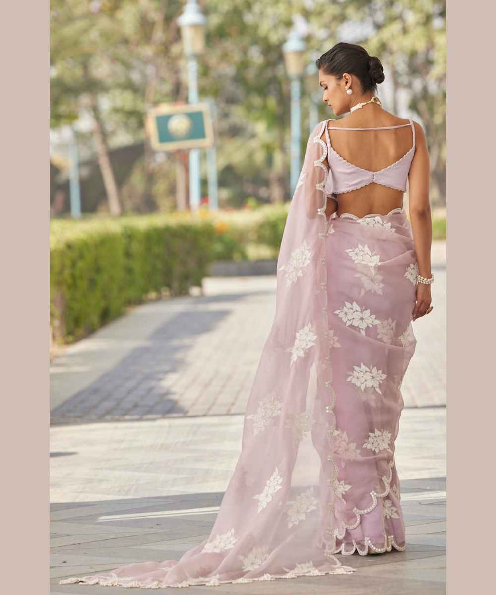 Powder Lilac Flower Saree Set