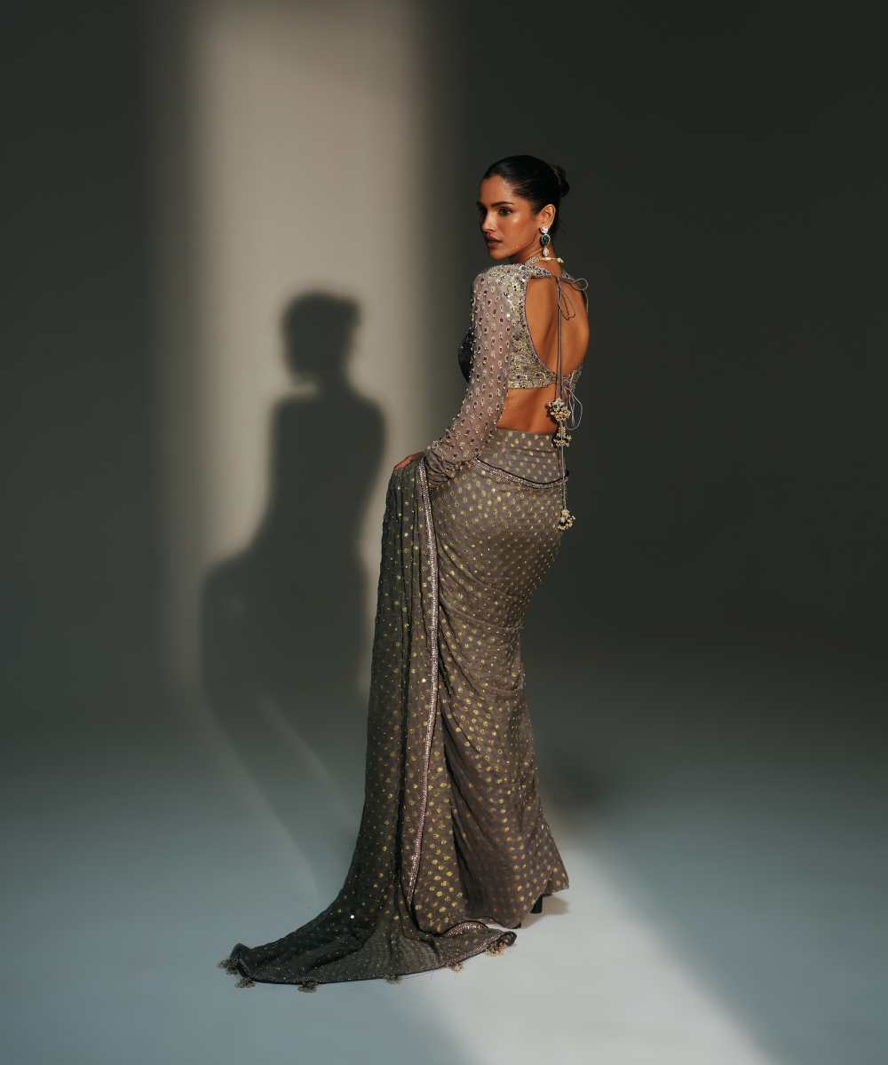 DRITI - PLATINUM HAND EMBROIDERED PREDRAPED SAREE - Mehfil by Mahima Mahajan