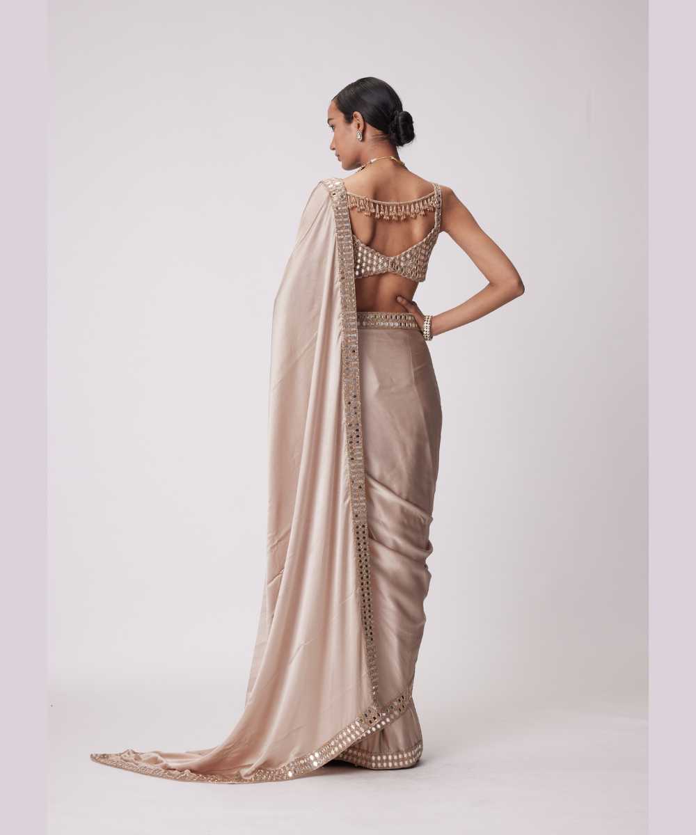LIGHT BEIGE SATIN SAREE SET - Jugmug Bride by Vvani Vats