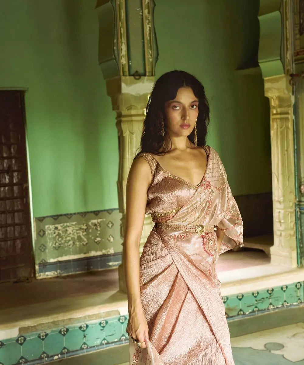 Aditi Gupta - Rose Gold Crushed Silk Saree