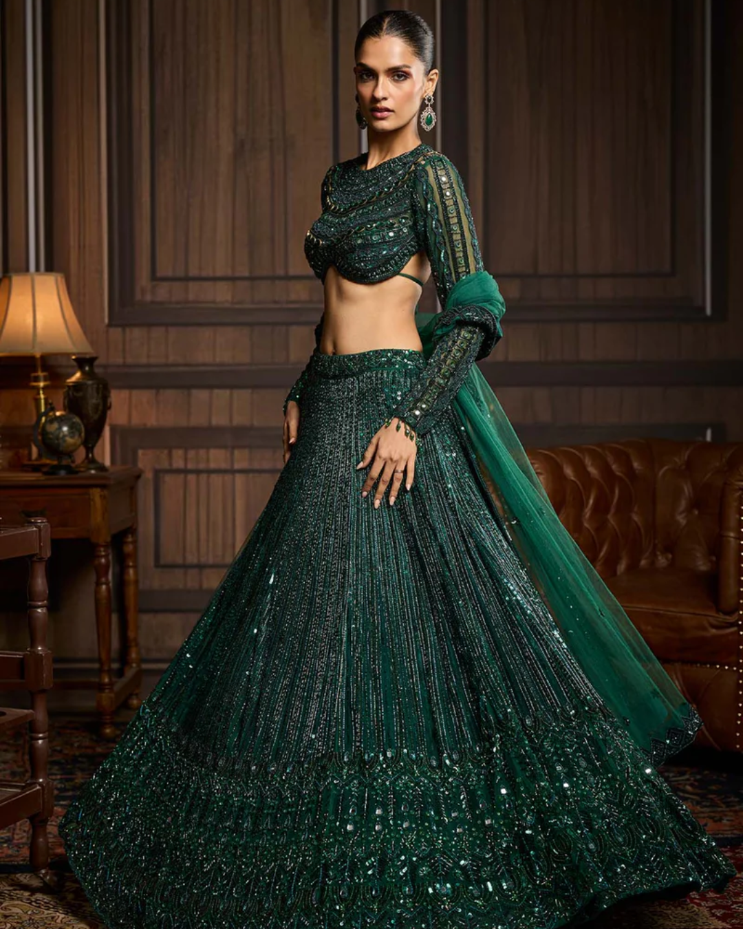 Diya Rajvvir - Emerald Green Embellished Lehenga Set from Taara