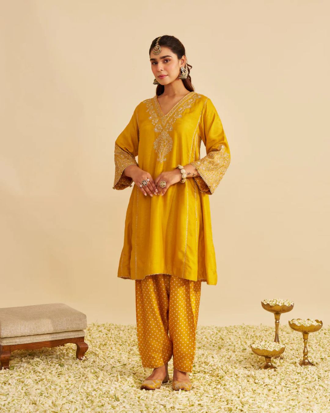 Sheetal Batra - Niyah Heirloom Mustard Short Chauga With Salwar from Gulbandh