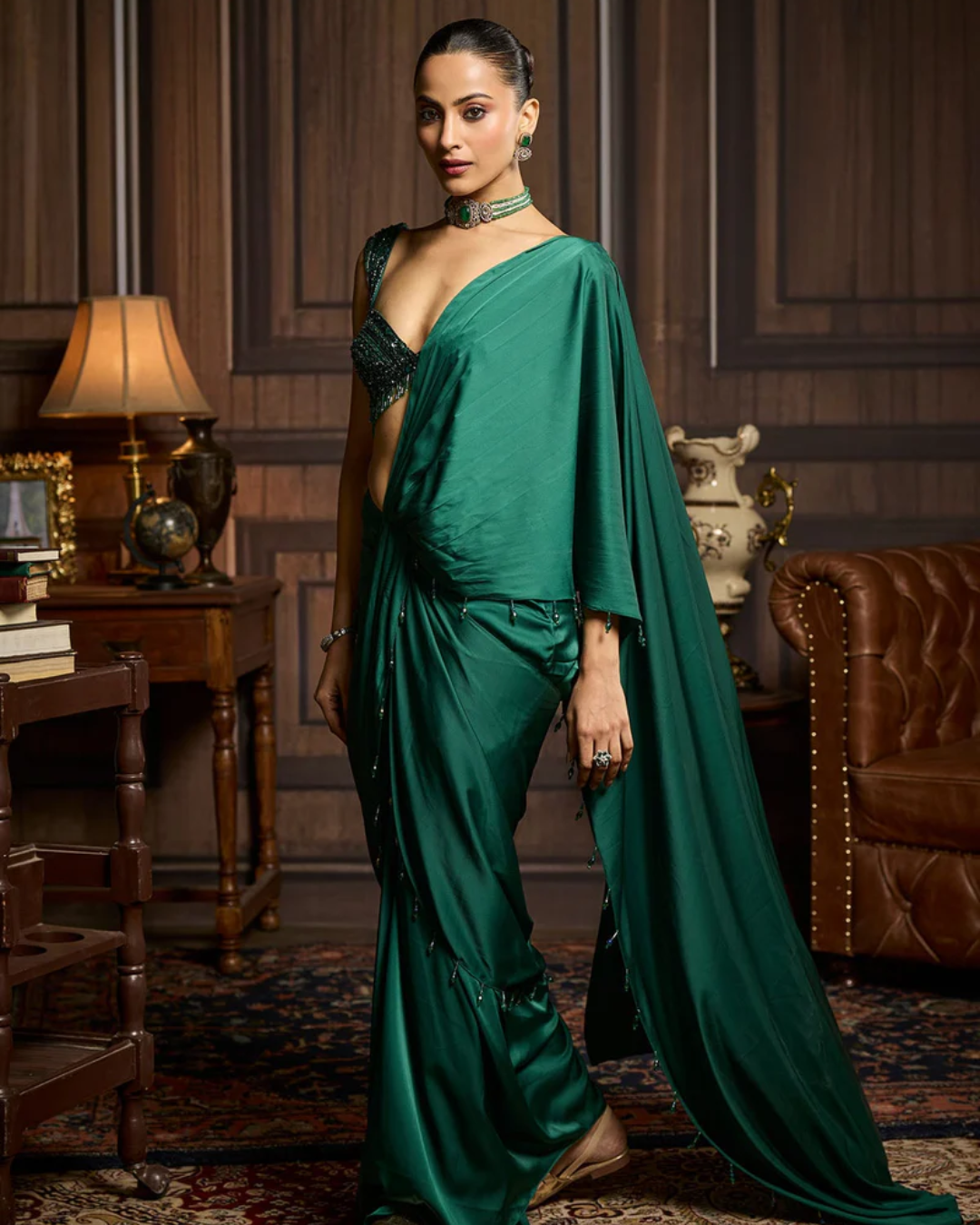 Diya Rajvvir - Emerald Green Embellished Blouse And Pre-Draped Dhoti Saree Set from Taara