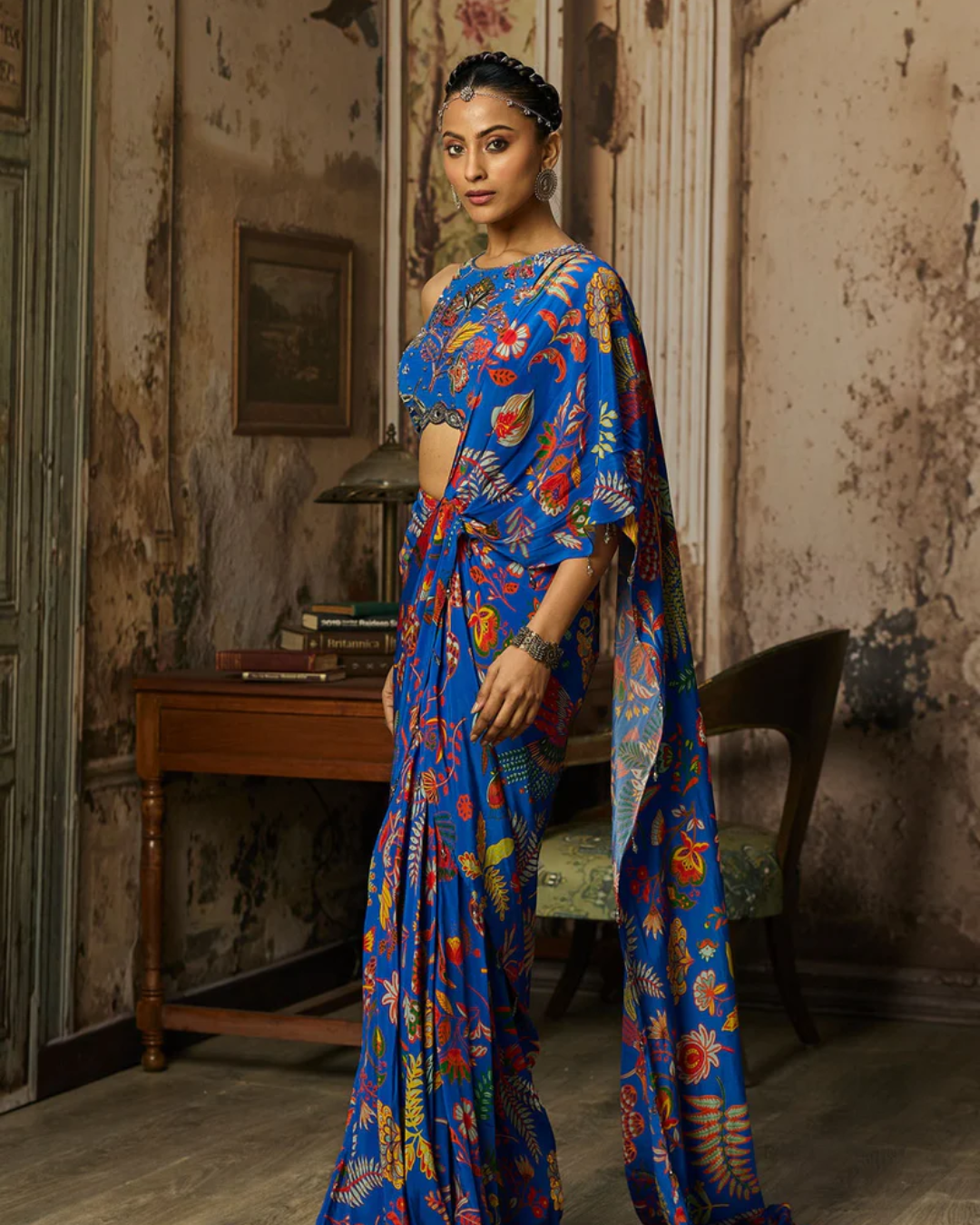 Diya Rajvvir - Electric Blue Printed And Highlighted Dhoti Skirt Saree Set from Bahaar