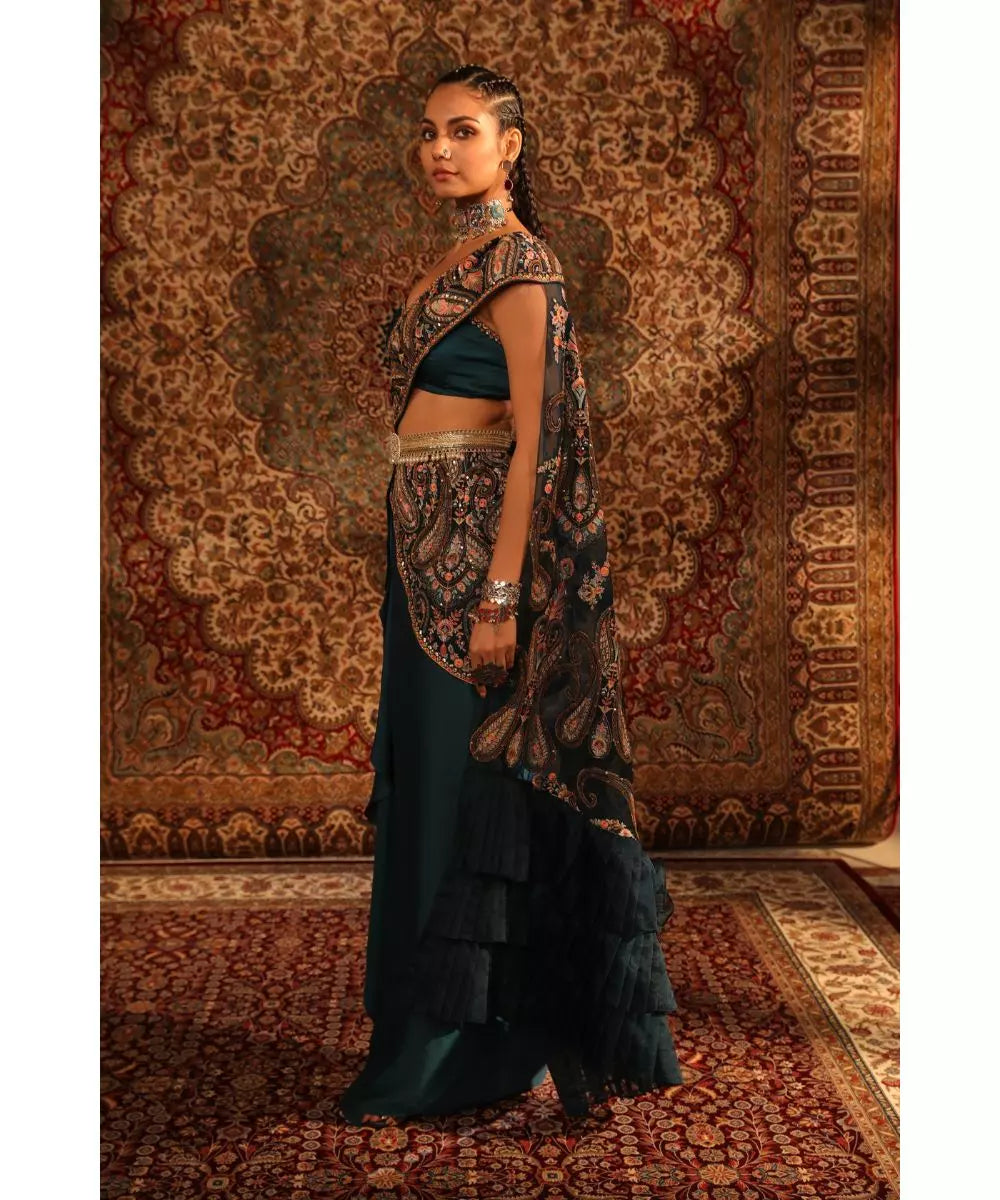 ADITI GUPTA - Teal jamawaar Blouse with Draped Skirt