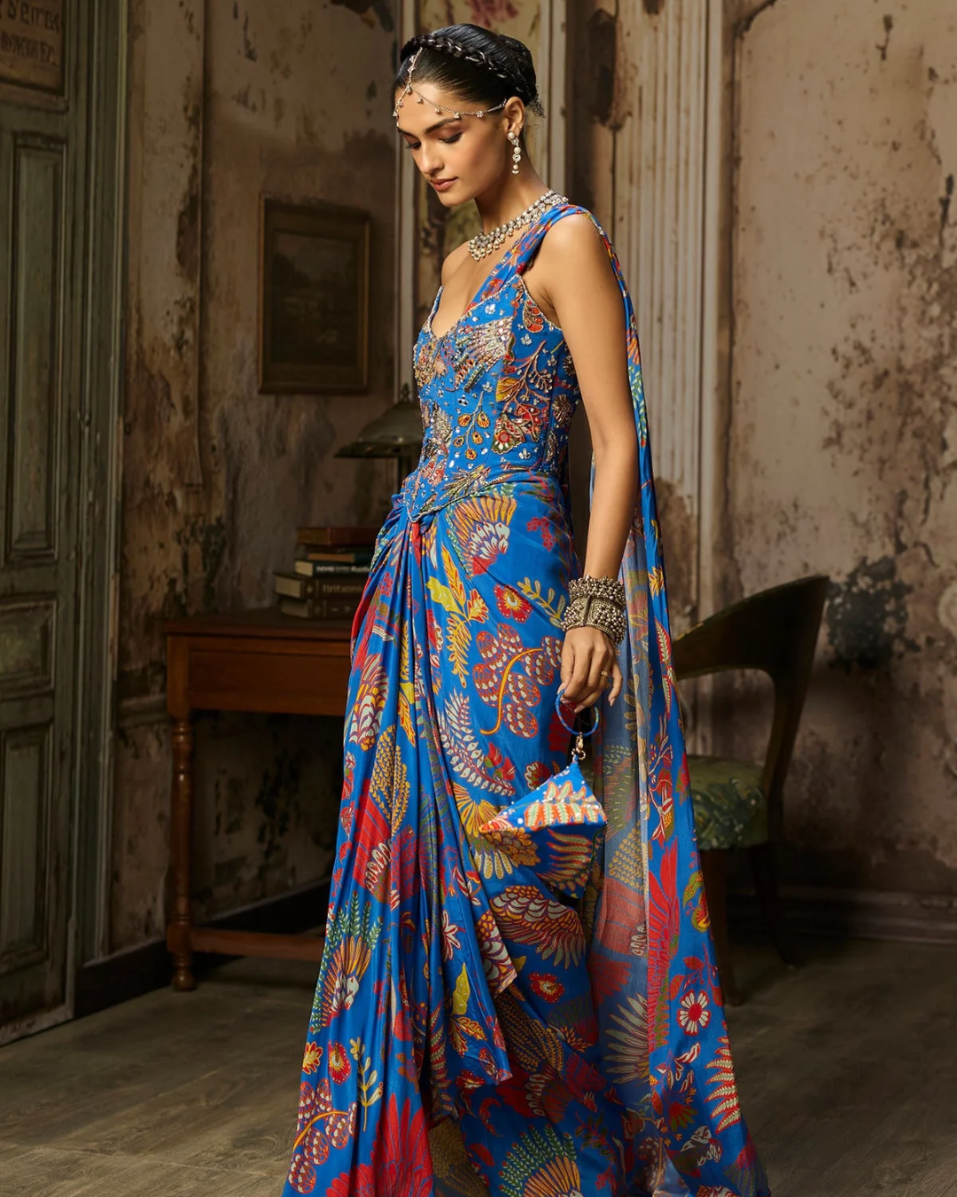 Diya Rajvvir - Electric Blue Printed And Highlighted Corset Dhoti Skirt Saree Set from Bahaar