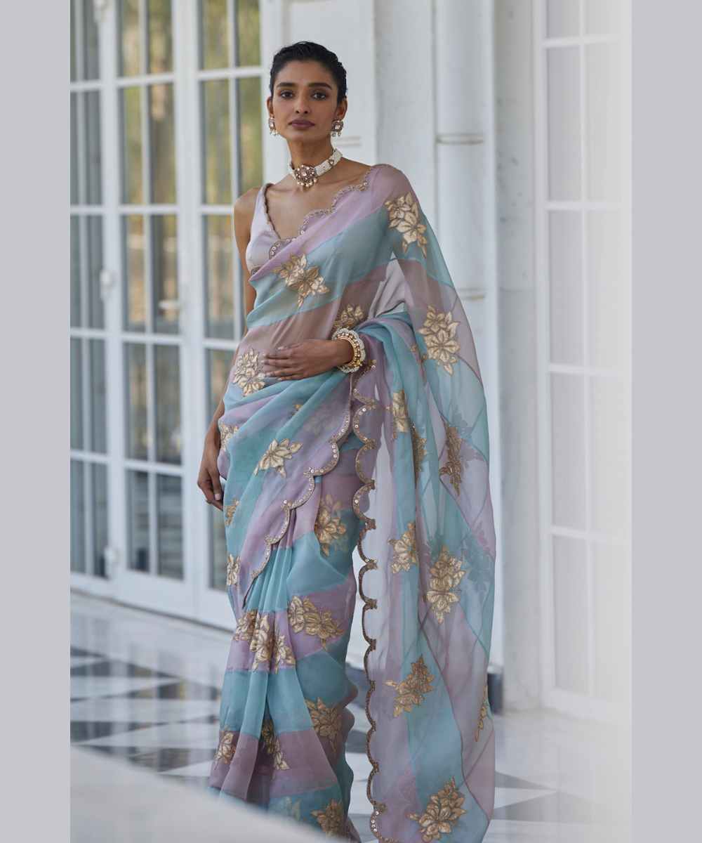 Ash Pink Flower Saree Set