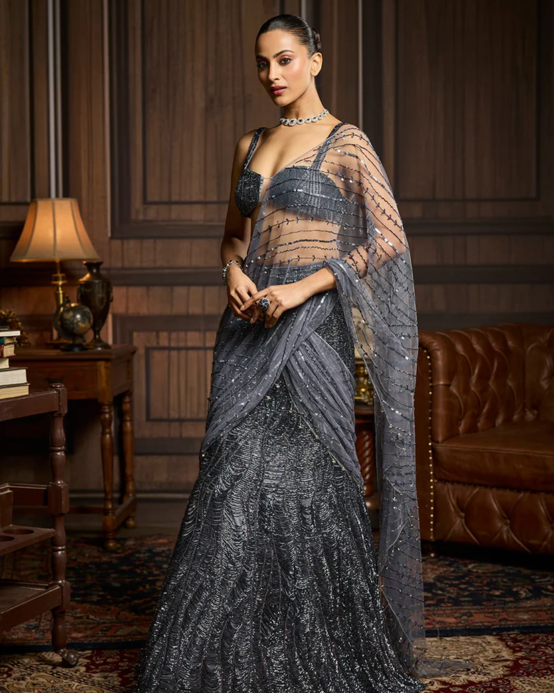 Diya Rajvvir - Gunmetal Embellished Pre-Draped Skirt Saree Set from Taara