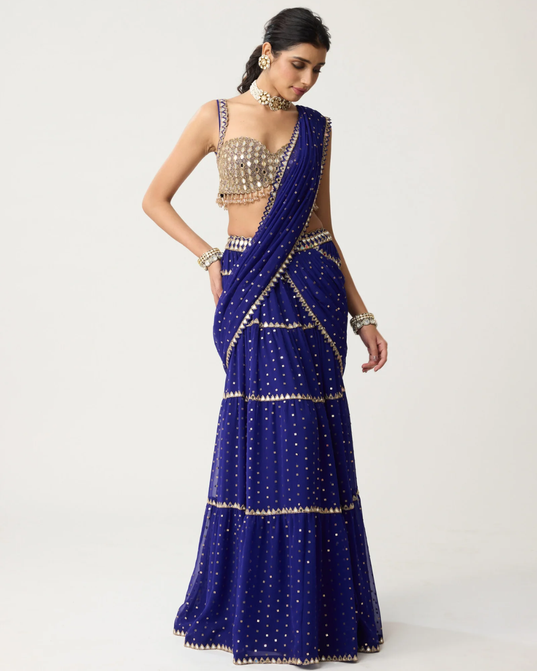 Vvani Vats - Persian Blue Multi-tier Mirror Saree Set