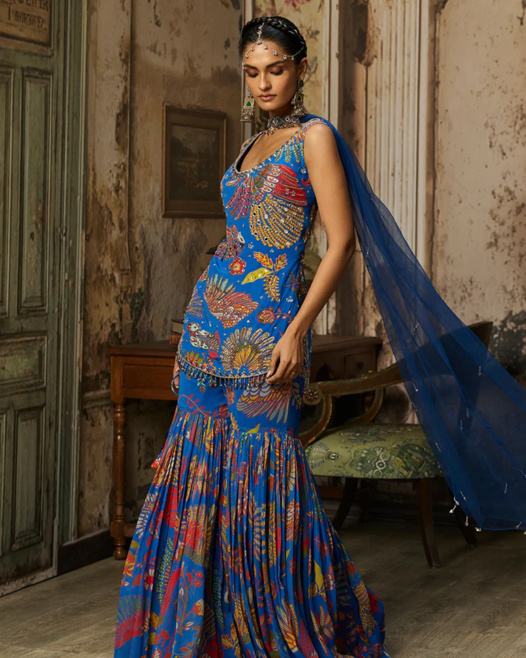 Diya Rajvvir - Electric Blue Printed Highlighted Kurti With Gharara Set from Bahaar