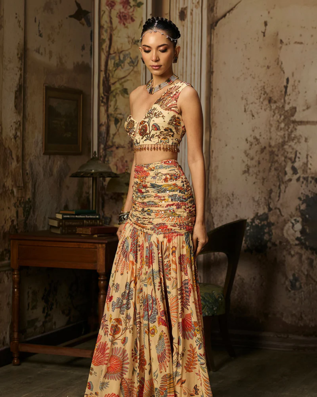 Diya Rajvvir -    Beige Printed And Highlighted Blouse With Skirt Set from Bahaar