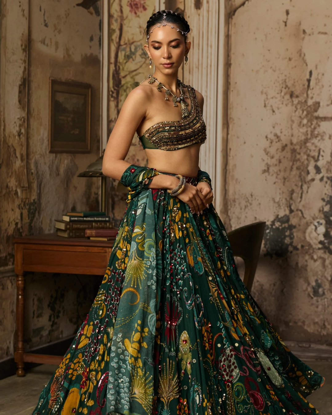 Diya Rajvvir - Dark Green Embellished Blouse With Printed And Highlighted Lehenga Set from Bahaar