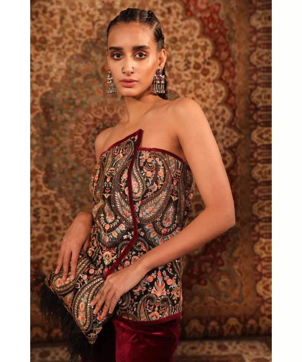 ADITI GUPTA - Wine Jamawaar Wrap around Strapless Top with Velvet Straight Pants