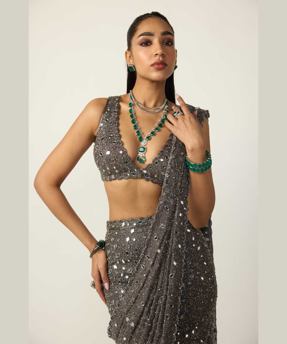 Metallic Grey Draped Saree Set