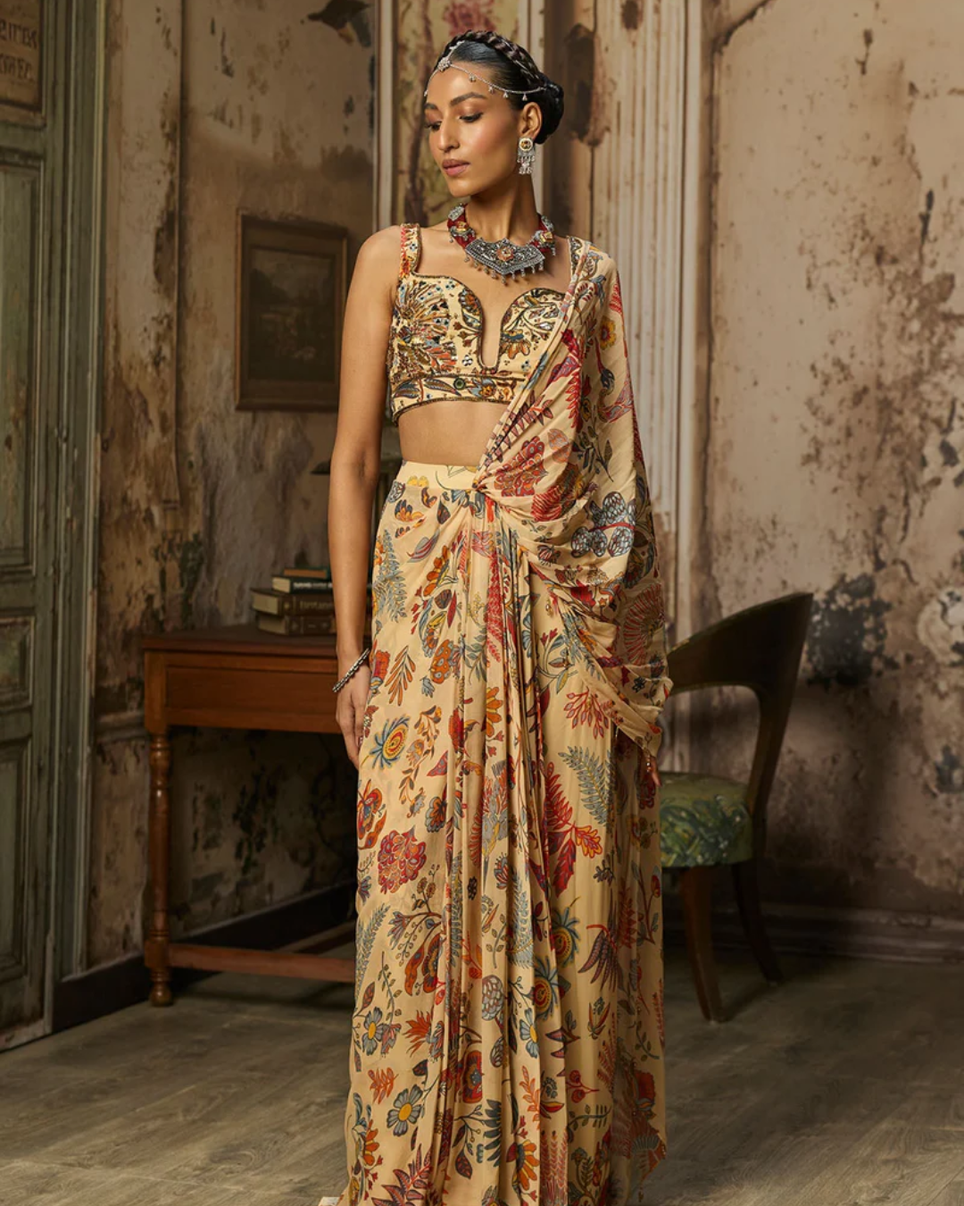 Diya Rajvvir - Beige Printed And Highlighted Blouse Skirt Saree Set from Bahaar