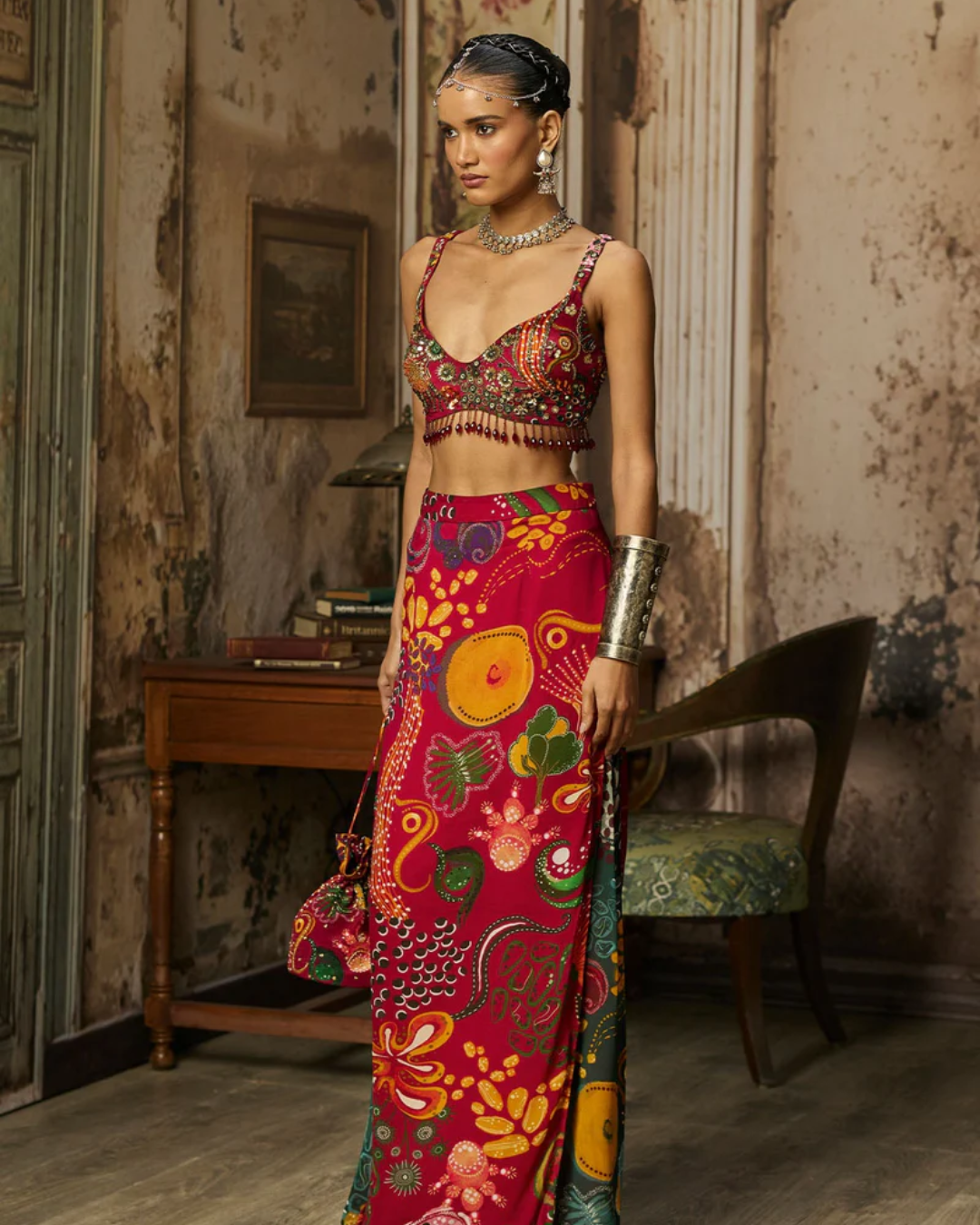Diya Rajvvir - Deep Red Printed And Highlighted Skirt Set from Bahaar