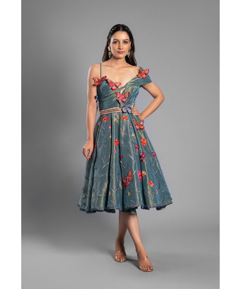 Forest Green tissue Calf length Indo-Western Dress