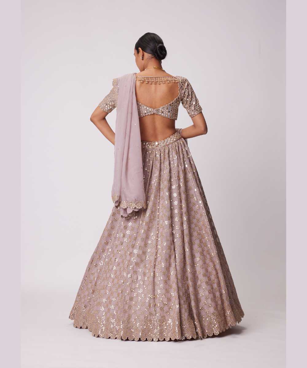 ASH PINK MIRROR FLOWER EMBROIDERED LEHENGA SET - Collection name Jugmug Bride by Vvani Vats