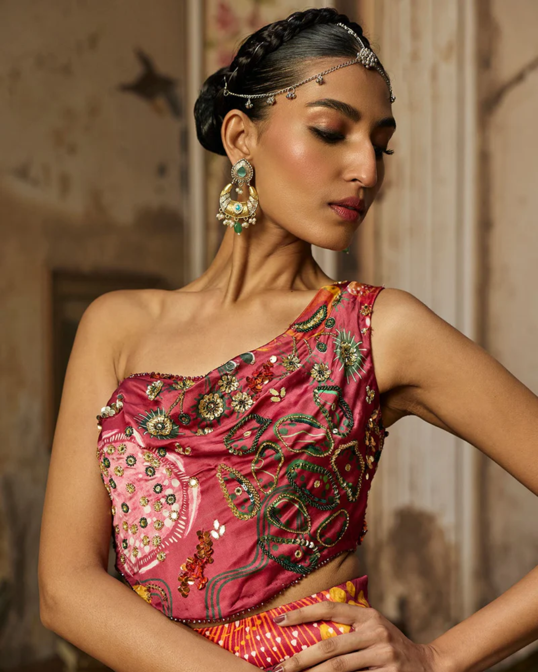 Diya Rajvvir - Deep Red Printed And Highlighted Slit Skirt Set from Bahaar